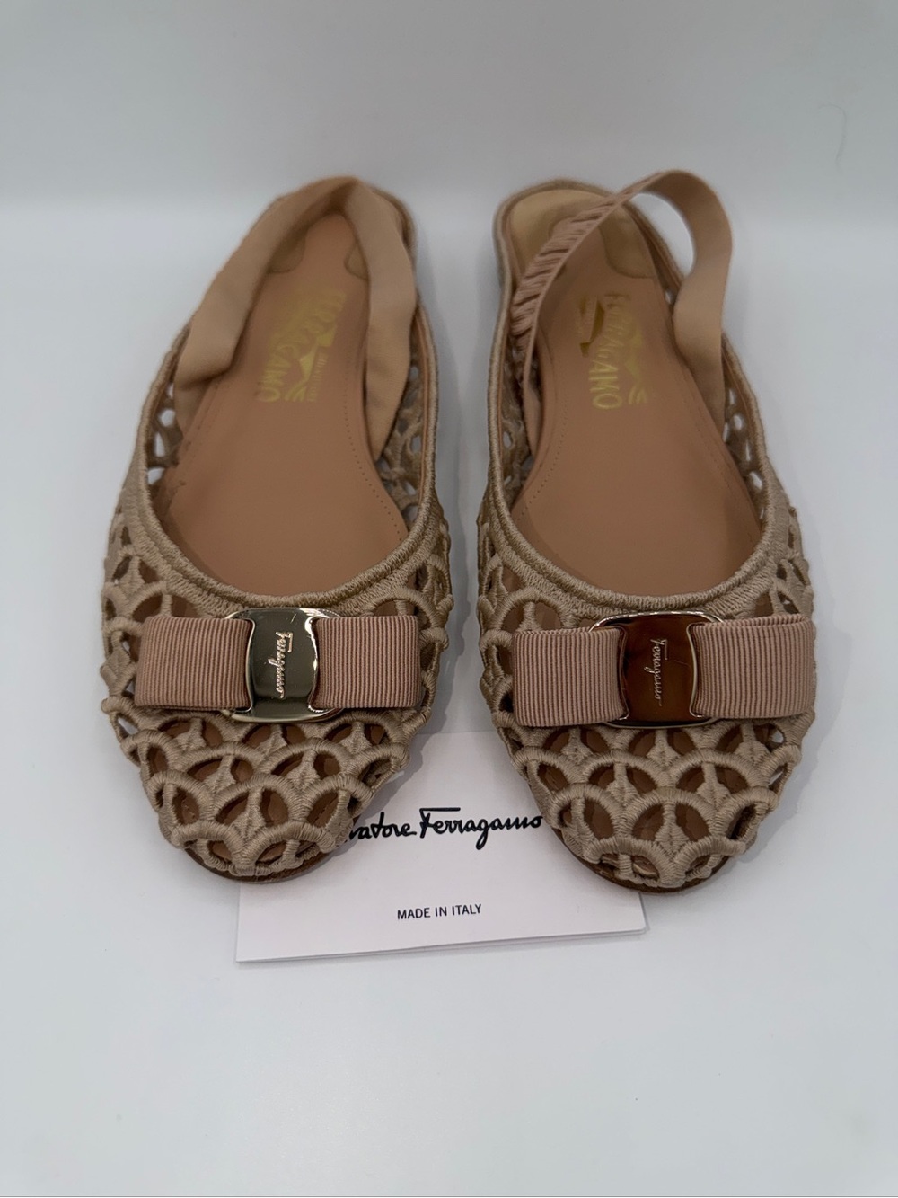 Salvatore Ferragamo Varina/Vera Crochet Grosgrain Slingback Ballet Flats Sz 39.5
